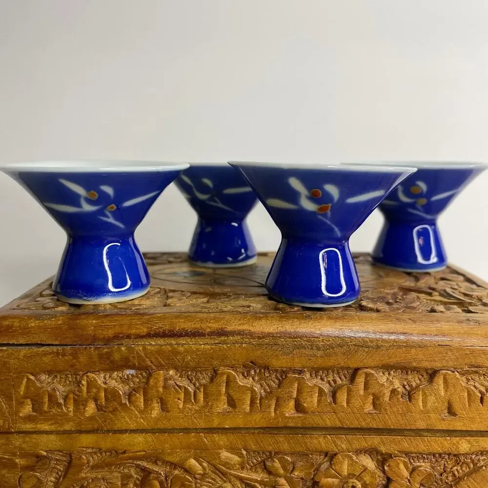 Vintage Shinogi Design Blue & White Ceramic Saki Bottle Cup Set